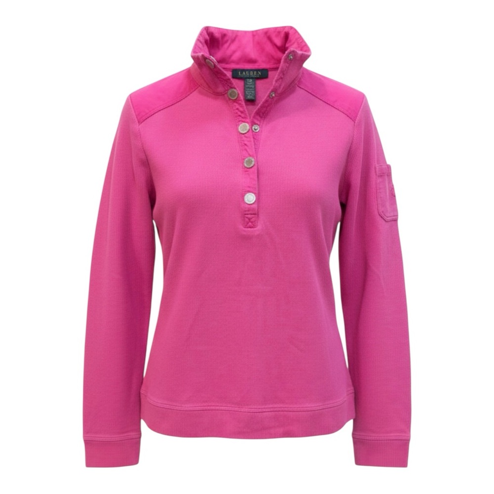 Ralph Lauren Pink Ribbed Logo Button Mock Neck RL Patch Sleeve Pocket Top Shirt